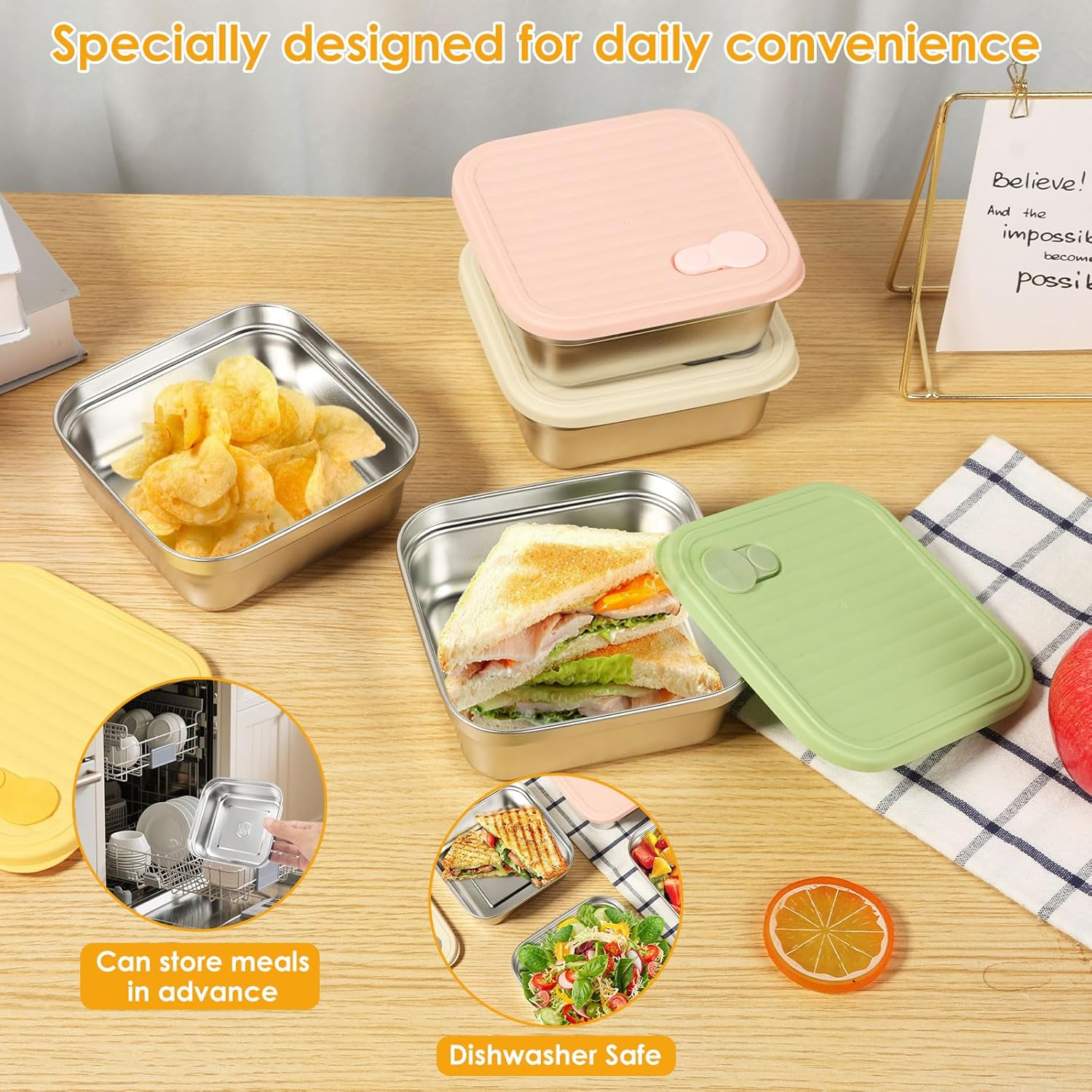 Rdjeokf 4 Pcs Sandwich Containers, Stainless Steel Bento Lunch Box with Airtight Lid, Leakproof Sandwich Box, 21 Ounce Food Storage Containers for Kitchen, Fridge, Travel (01) - 02 image number 6