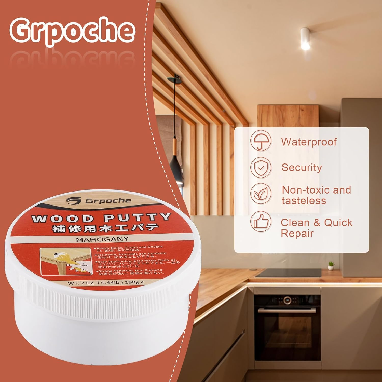 Wood Filler 200G Putty - Water-Based, Paintable, Stainable Premium Repair Kit for Door Trim, Table, Cabinet, Floors (Mahogany) image number 6