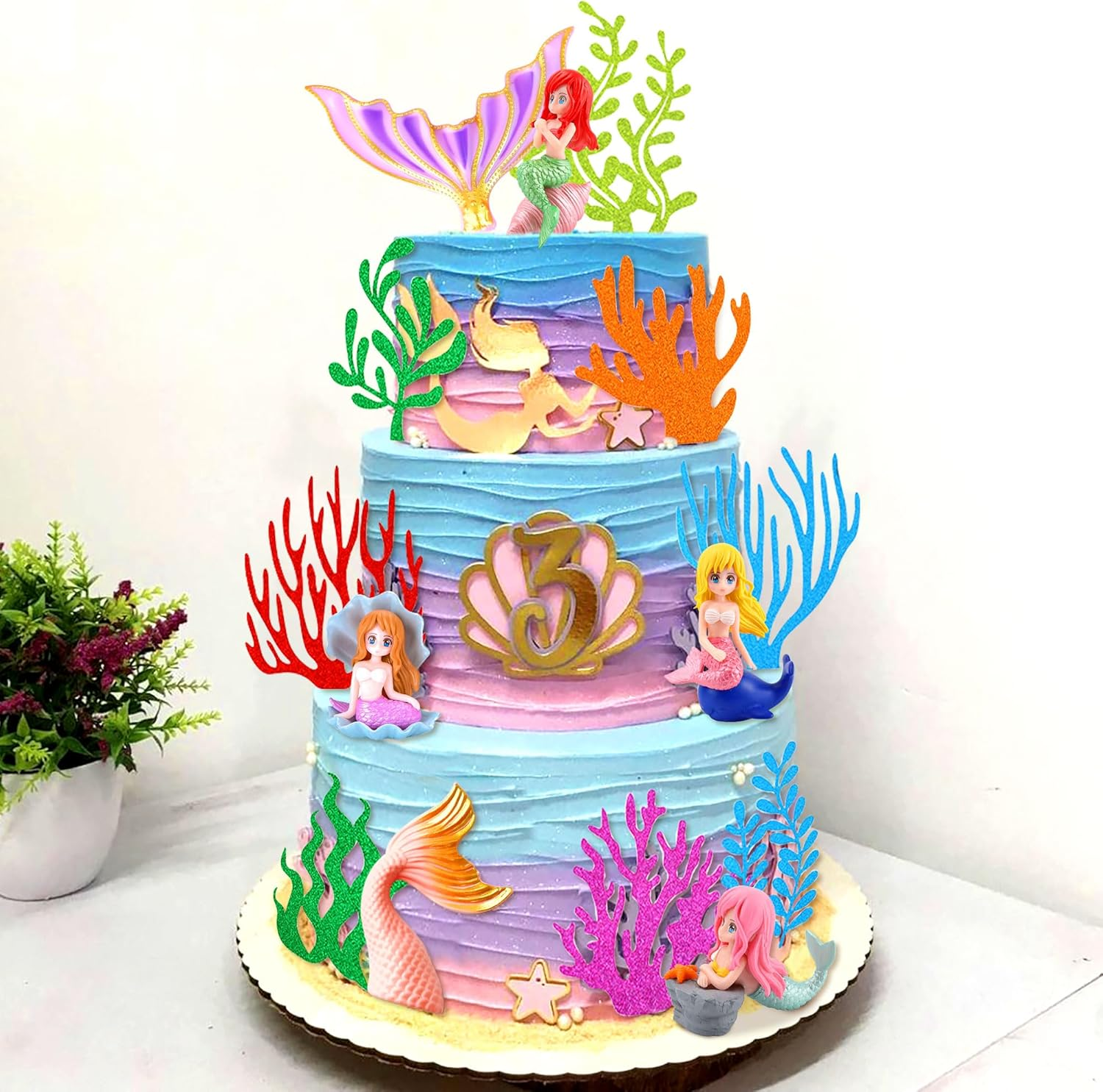 Jevenis Little Mermaid Cake Topper under the Sea Cake Decoration Seashell Cake Toppers Mermaid Tail Cake Topper Mermaid Party Supplies image number 2