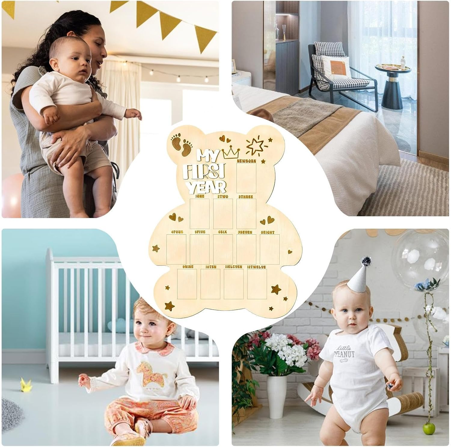 Baby Photo Board | Cute Baby Picture Frame | Wood Kids Growth Picture Display Board for New Parents Enthusiasts Photographers Family Reunion First Birthday Travel - Bath Bottle image number 6