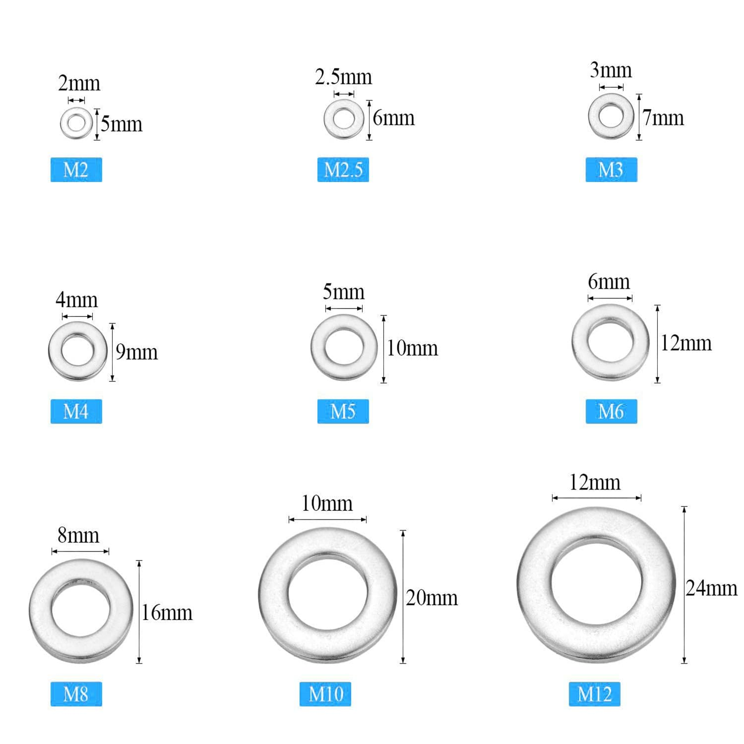 MEZOKUCEL 580PC 304 Stainless Steel Flat Washer, 9 Size Washers Assortment Kit (M2 M2.5 M3 M4 M5 M6 M8 M10 M12) for General Manufacturing, Maintenance and Repair (580PC) image number 6