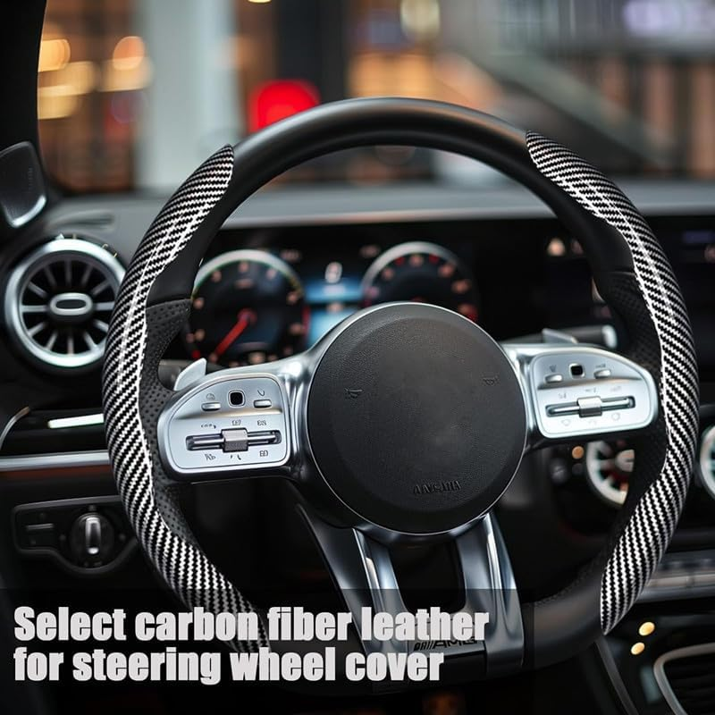 JZS 3 Piece Carbon Fiber Steering Wheel Cover anti Slip Snap on Grip for 15 Inch Universal Car Matte Black