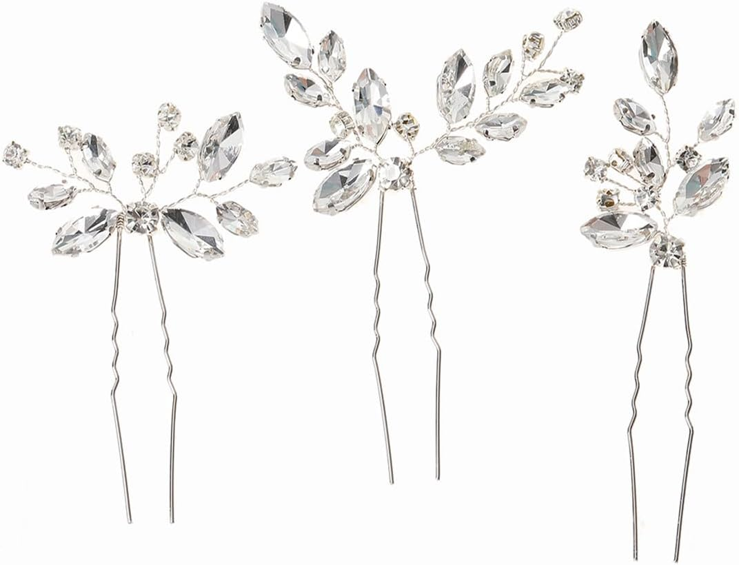 Pack of 3 Silver Crystal Hair Accessories Bride Wedding Hair Pins Headpiece Wedding Hair Clips Leaves Wedding Hair Pins U-Shaped Wedding Hair Clips for Women Girls image number 1