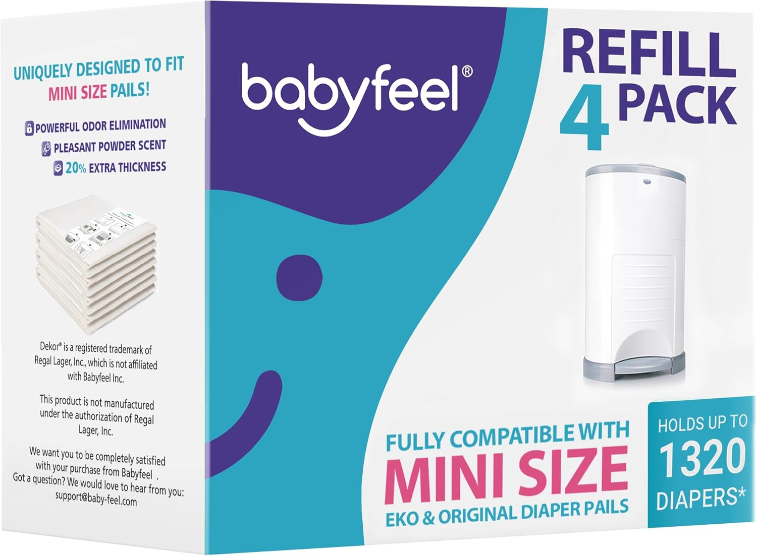Babyfeel Refills Compatible with DEKOR MINI Diaper Pails | 4 Pack | Exclusive 20% Extra Thickness | Diaper Pail Refills with Powerful Odor Elimination | Powder Scent | Holds up to 1320 Diapers image number 3