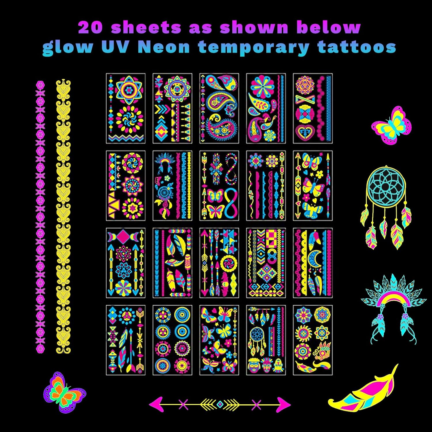 Glow in Dark Temporary Tattoo Stickers, 20 Sheets 170+Styles UV Neon Luminous Fluorescent Water Transfer Tattoos for Women, Men, Kids, Adults, Music Concerts, Raves, Festivals, Dark Party Supplies image number 2