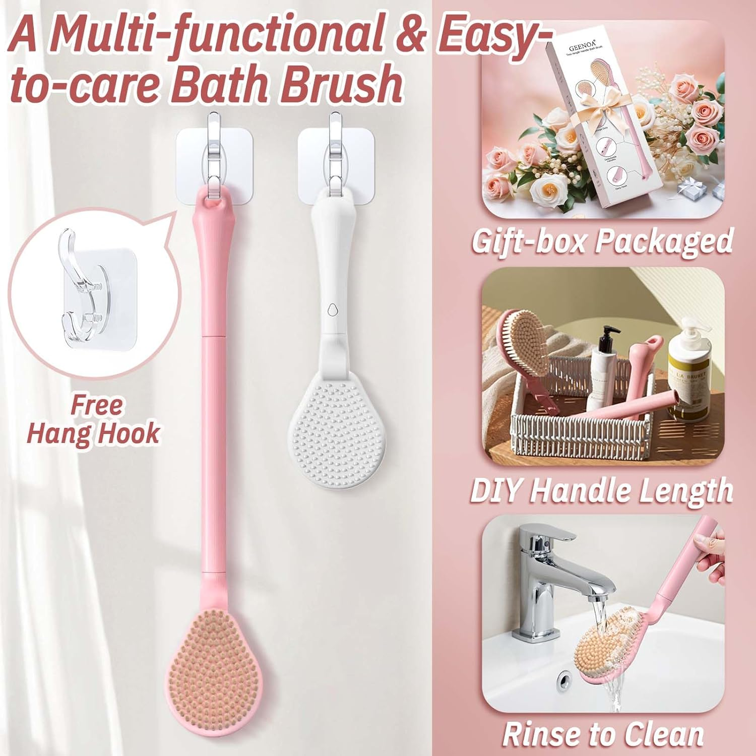 GEENOA Back Scrubber for Shower, 19&rsquo;&rsquo; Detachable Long Handle Shower Body Scrubber for Wet or Dry Brush, Adjustable 2-In-1 Back & Body Brush with Soft and Dense Bristles for Deep Cleaning(White) image number 2