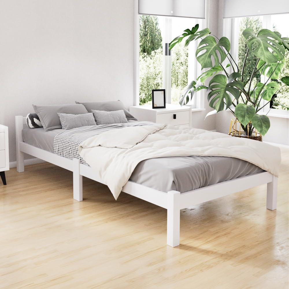 Artiss Bed Frame Wooden Single, White Single Bed Base with 26Cm of Storage Space, Sturdy Timber Bed Frame, Solid Pine Wood Platform，Platform Base with Headboard for Guest Room, No Box Spring Needed image number 2
