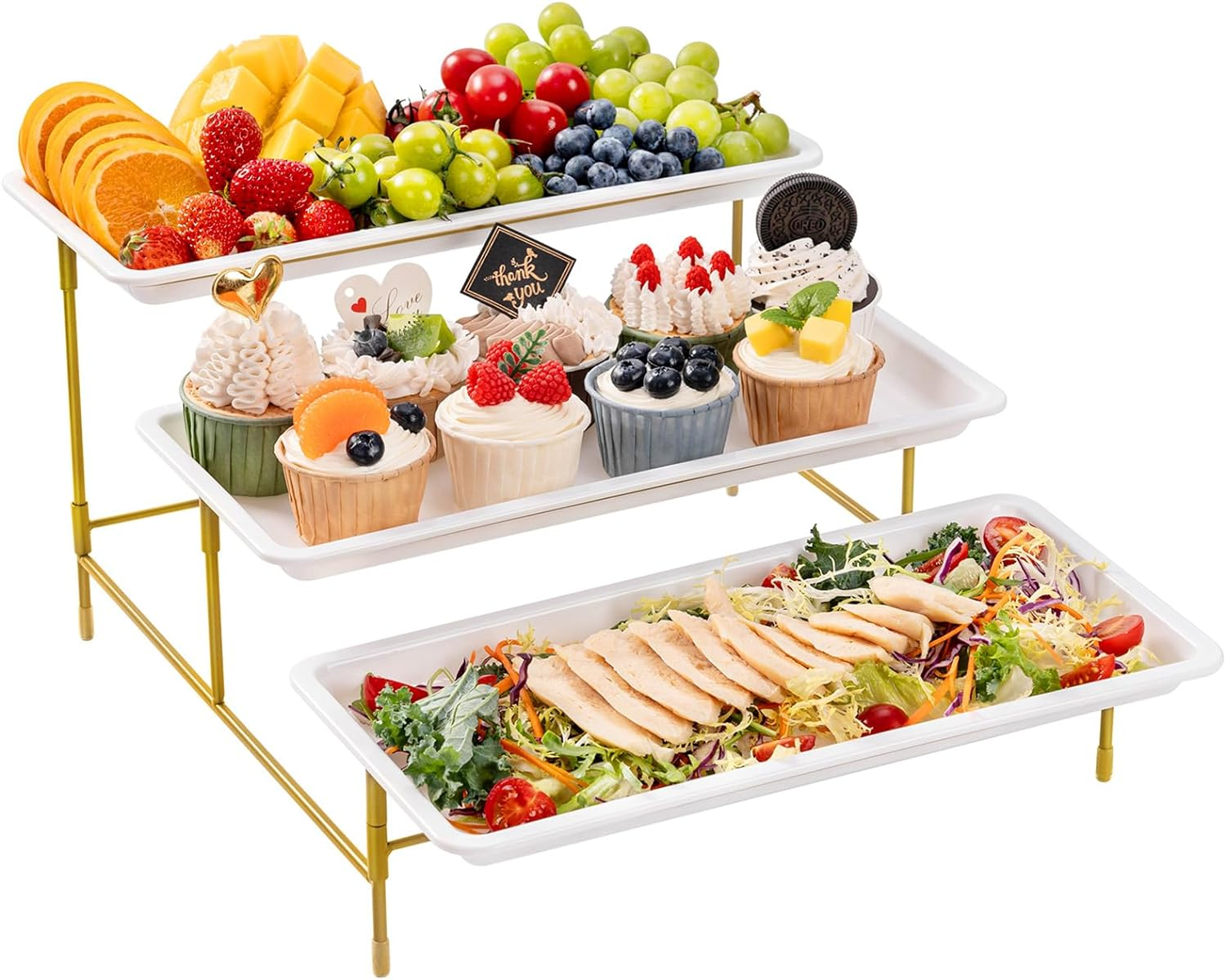 Lifewit 3 Tiered Plastic Serving Tray for Party Entertaining, 36&times;17Cm Serving Food Display Platters, Reusable Trays with Collapsible Stable Metal Stand for Veggie, Fruit, Cookies, Dessert, Gold