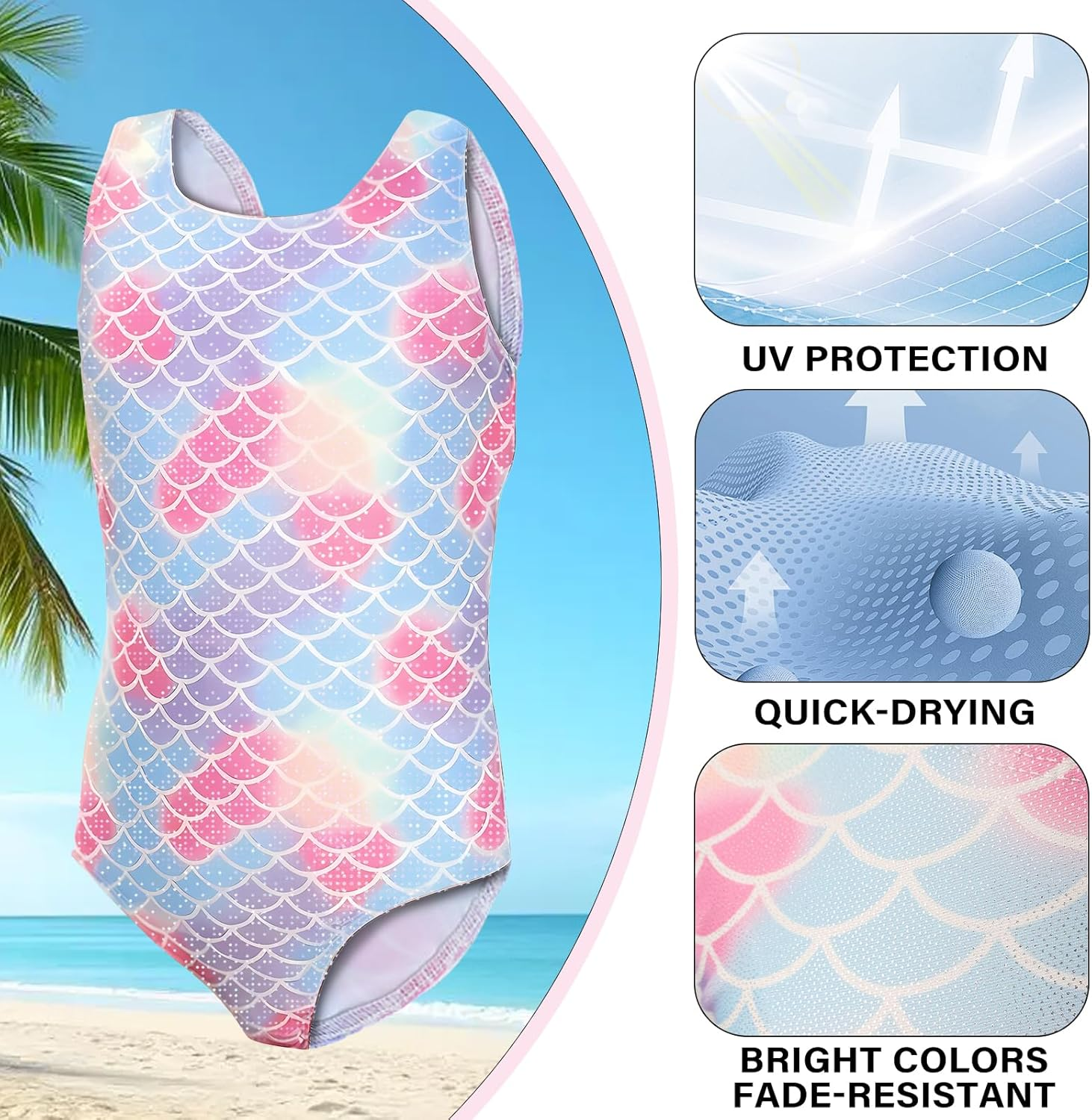 Supcomsta Girls One-Piece Swimsuit Kids Swimwear Set with Skirt, UPF 50+ Sun Protection, Quick-Dry Bathing Suit for Beach, Pool (7-12 Years) - Blue, 9-10Y，140 image number 6