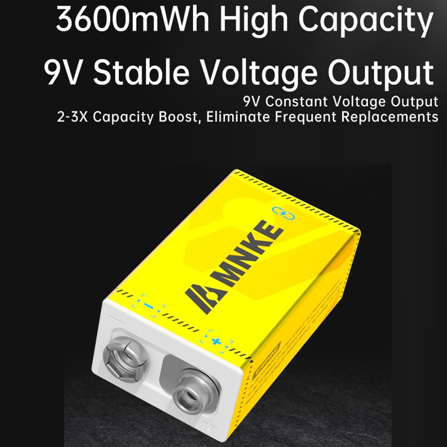 2PCS 9V Rechargeable Lithium Batteries 9V 3600Mwh High-Capacity 2000+ Cycles Ultra-Long Lasting Time Durable Cycle 2-Pack Set with Type-C Cable (Black 2-Pack Set) image number 3