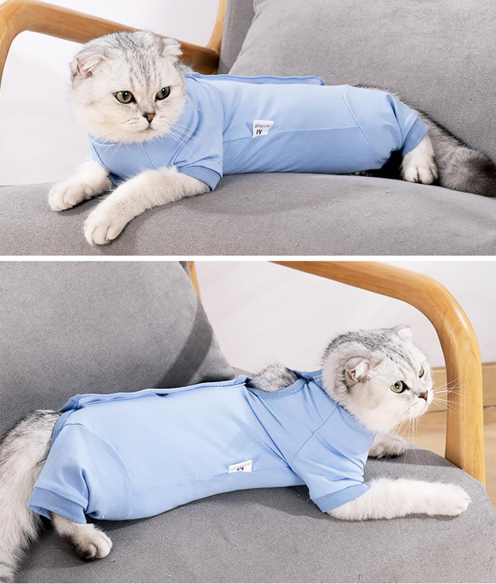 SUYUKU Cat Recovery Suit, anti Leak Kitten Bodysuit for Alternative Elizabethan Collar, Cats One-Piece Surgery Bodysuit, Warm Pyjamas, Clothing, Soft Comfortable Jumper (Blue, S)