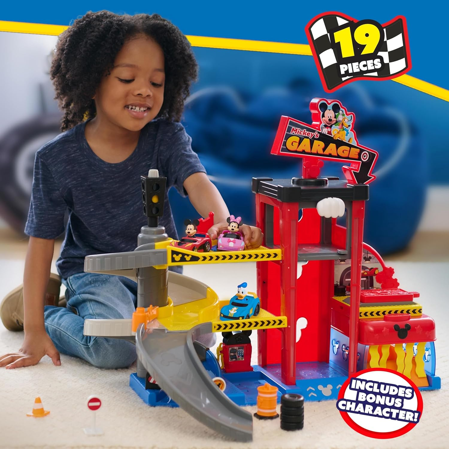 Disney Junior Mickey Mouse Ready to Race Garage, Lights and Sounds, 19-Piece Vehicle Playset, Kids Toys for Ages 3 up by Just Play