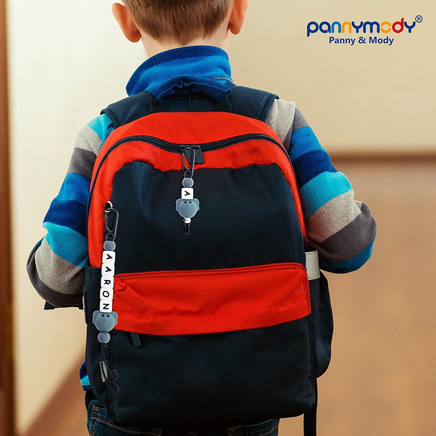 Personalised School Bag Name Tag Child ID Tag with Name, Silicone Beaded Name Tag for Childcare, Daycare, Kindergarten Backpacks - Grey Cat image number 2