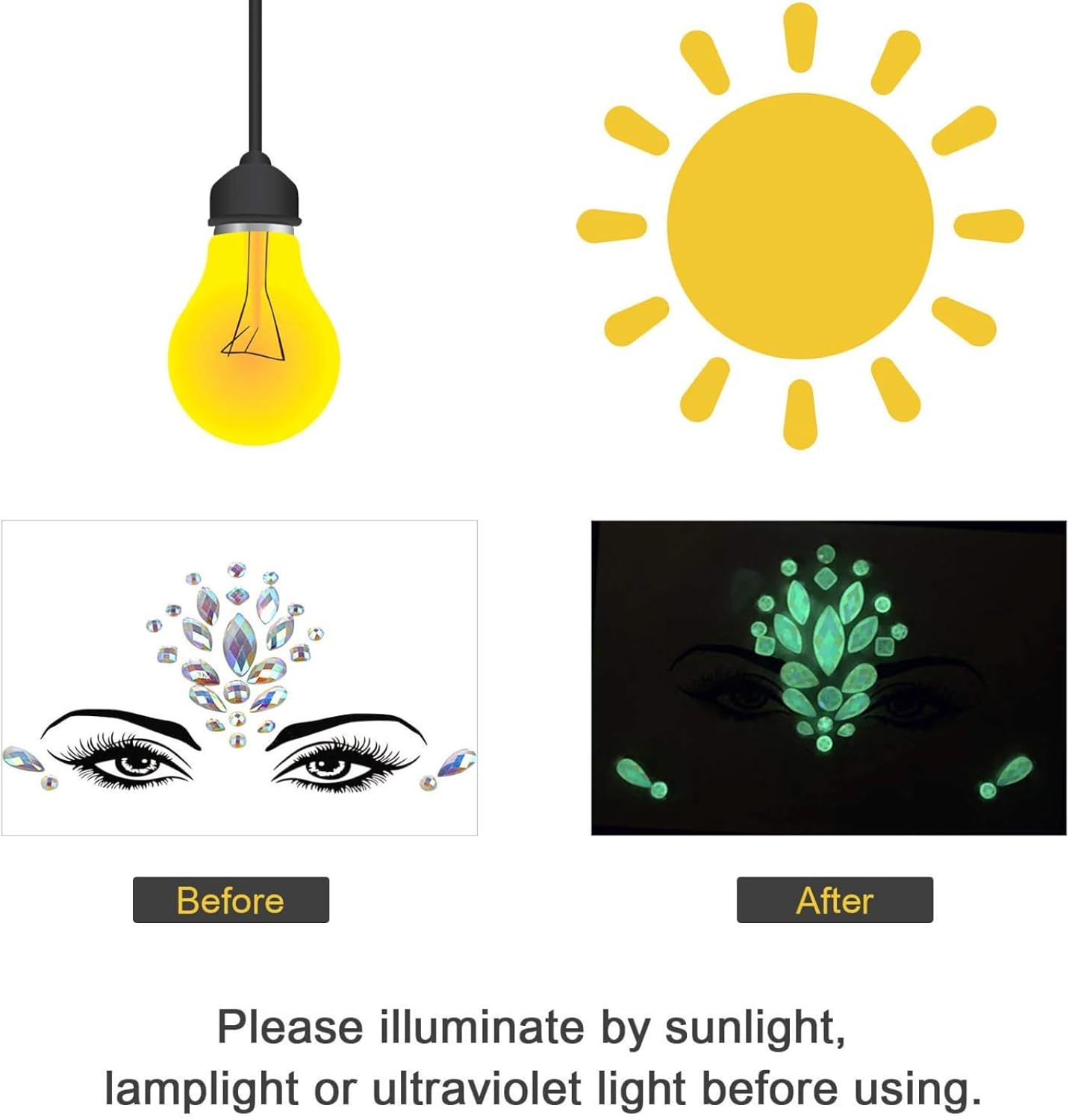 Women Mermaid Gems Glitter, Rhinestone Rave Festival Face Jewels, Crystals Stickers, Eyes Body Temporary Tattoos for Festival Party (4 Packs) image number 2