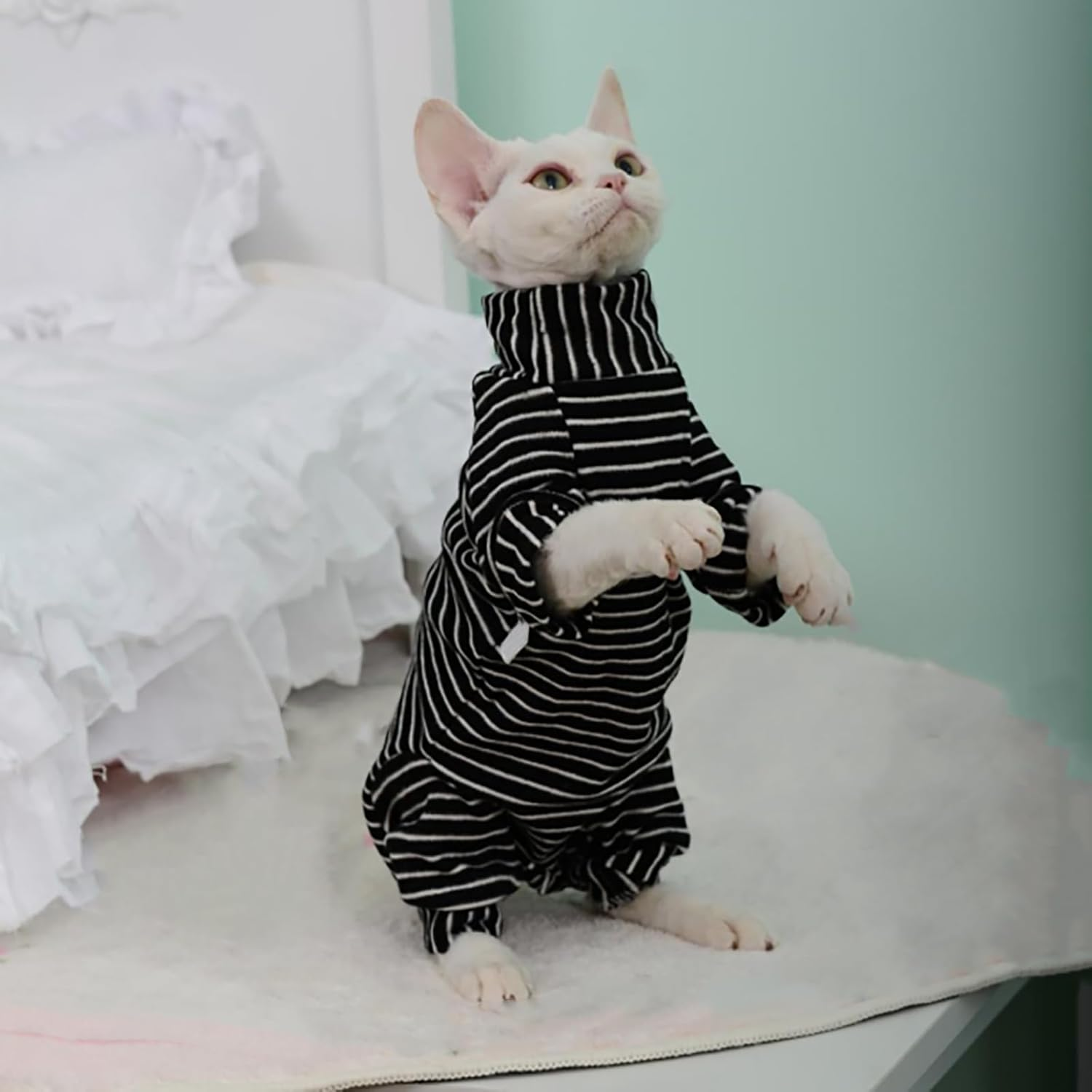 IUOUTG Hairless Cat Clothes Four Leg Breathable Sphynx Cat Apparel Stripes Cat T-Shirts with Sleeves Turtleneck Kitten Pullover Shirts Cat Pajamas Jumpsuit for Sphynx Devon Cornish