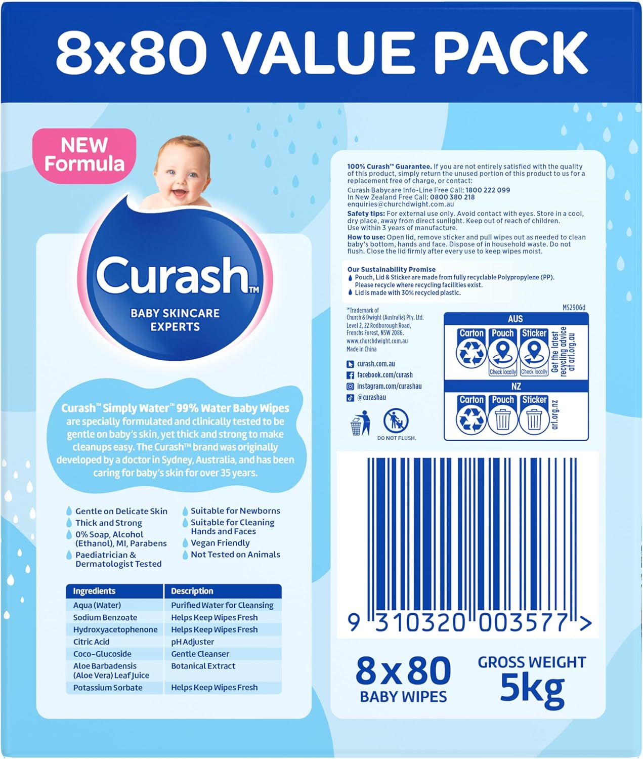 New Formula Curash Simply Water Baby Wipes, 8X80 Pack, Suitable for Newborns, 99% Purified Water, No Soap, Alcohol or Parabens, Thick & Soft Texture, Everyday Cleansing and Nappy Changes, 640 Wipes