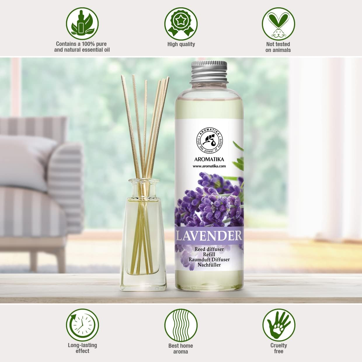 Reed Diffuser Refill Lavender with Lavender Essential Oil 200Ml - Scented Diffuser - Room Diffuser Refill - Home Fragrance - Floral Fragrance image number 2