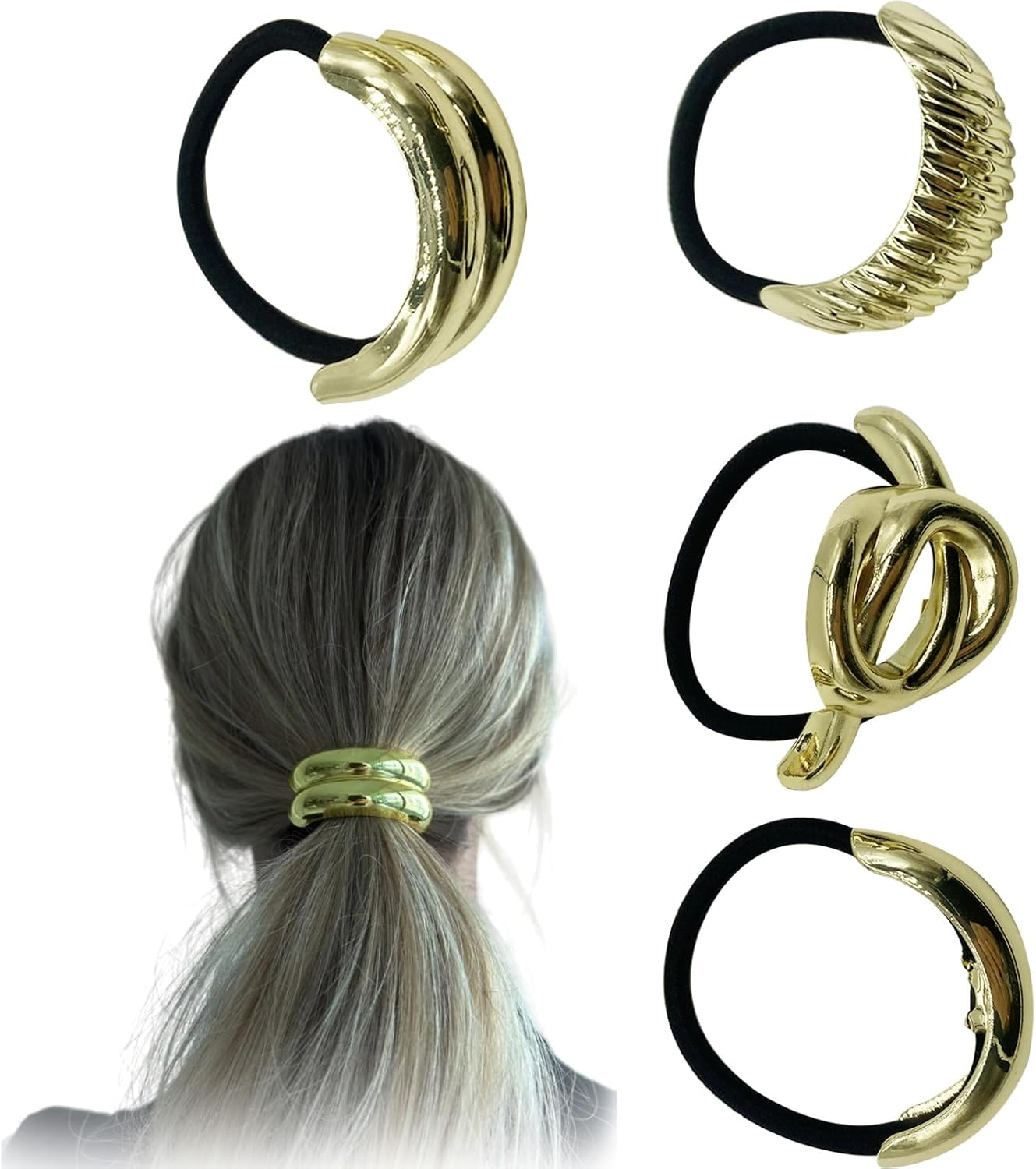 Aikeis 4-Piece Gold Metal Geometric Hair Scrunchies - Fashionable Hair Ties for Women image number 5