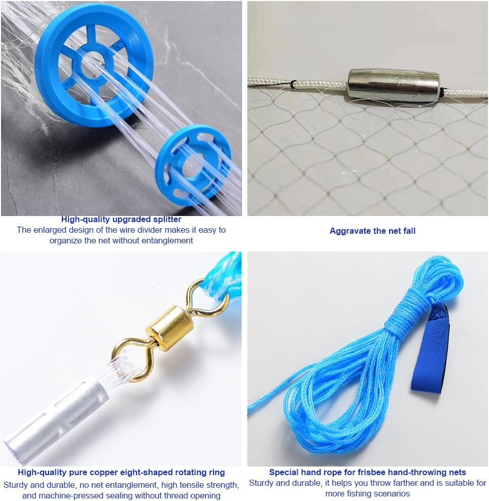 Saltwater Fishing Cast Net, Saltwater Casting Nets, Easy Throw Monofilament Line with Steel Chain Sinker, Fishing Cast Net with Flying Disc, Quick Throw Mesh for Bait Trap Fish image number 4