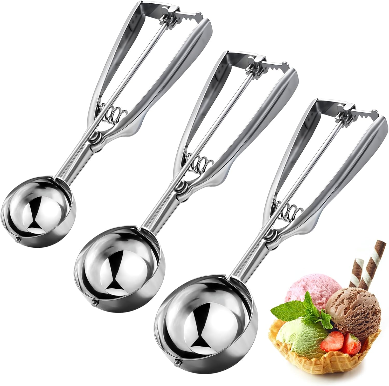 NILLOS Cookie Scoops Set, 3-Piece Ice Cream Scoop Set for Baking Cookie, Ice Cream, Cupcake,Dough Scoop（4 Cm/1.57 In、5 Cm/1.96 In、6 Cm/2.36 In）