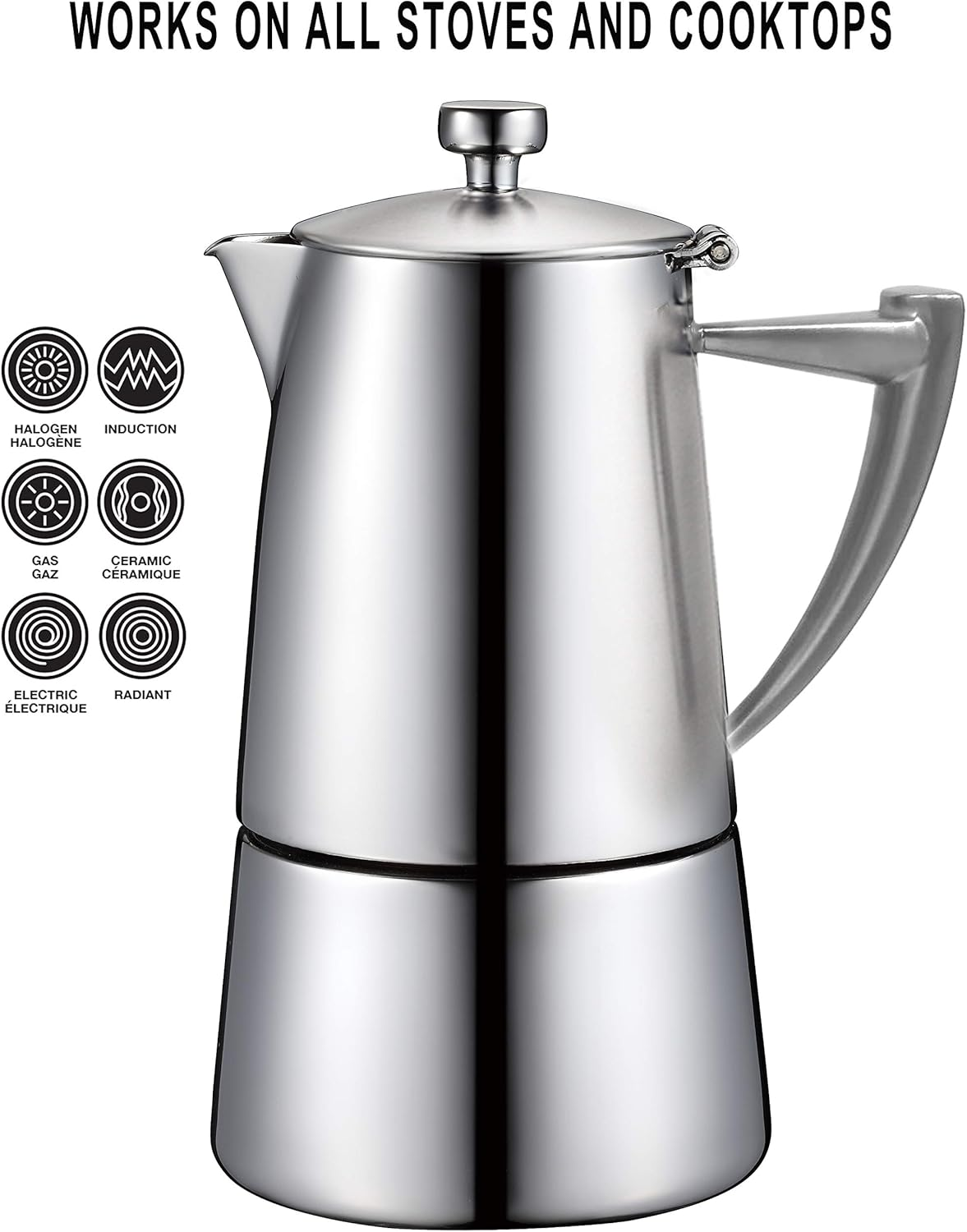 CUISINOX Roma Satin Stainless Steel Moka Pot Stovetop Espresso Maker, 6-Cup image number 5
