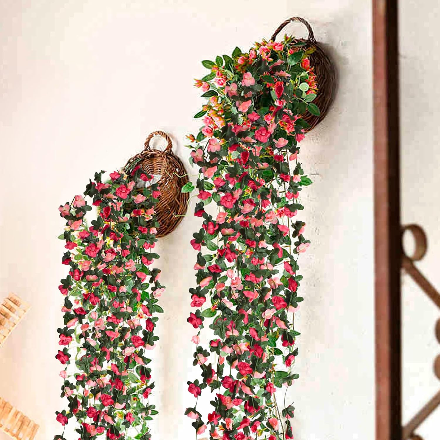 Bacucine Flower Garland 8PCS 63Ft Artificial Rose Vine Hanging Flower Vines with Green Leaves Floral Garland for Wedding Wall Arch Party Decor (Pink) - Pink image number 1