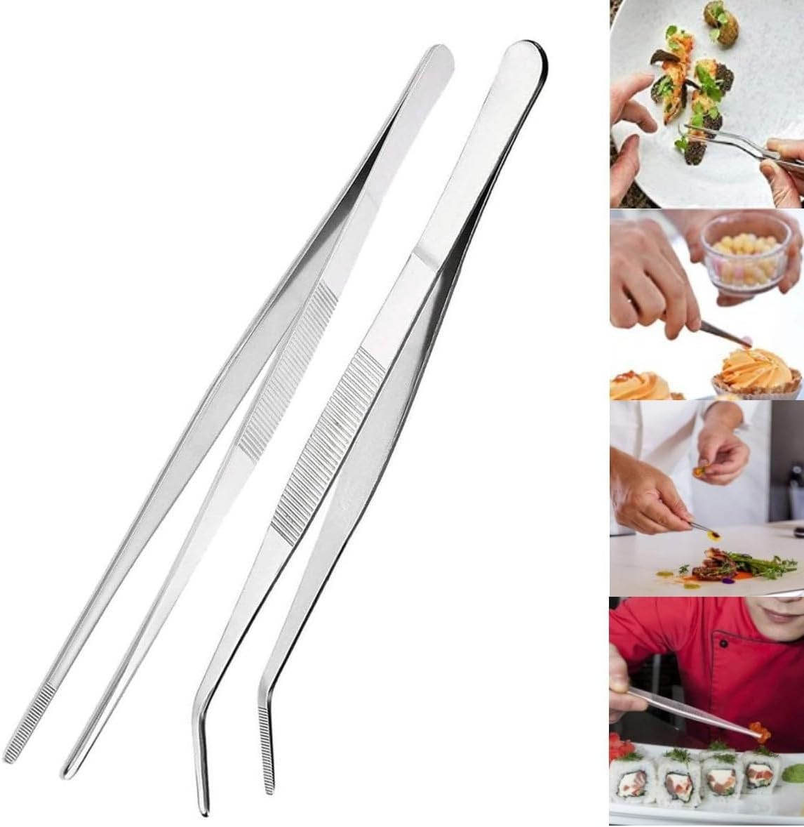 Stainless Steel Tongs 12-Inch 2-Pack, Kitchen & Cooking Tweezers with Dual-Head (Straight + round Tip) | Non-Slip Grip for BBQ, Grilling, Serving & Food Preparation