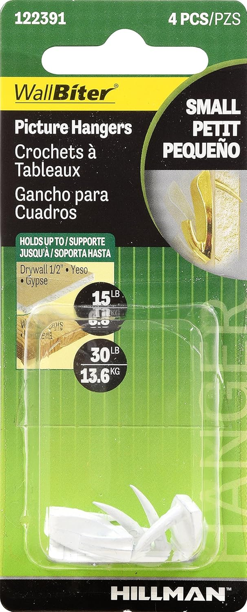 Hillman 122391 Small Wall Biter Picture Hangers White Finish 40Lbs Package of 4 image number 1