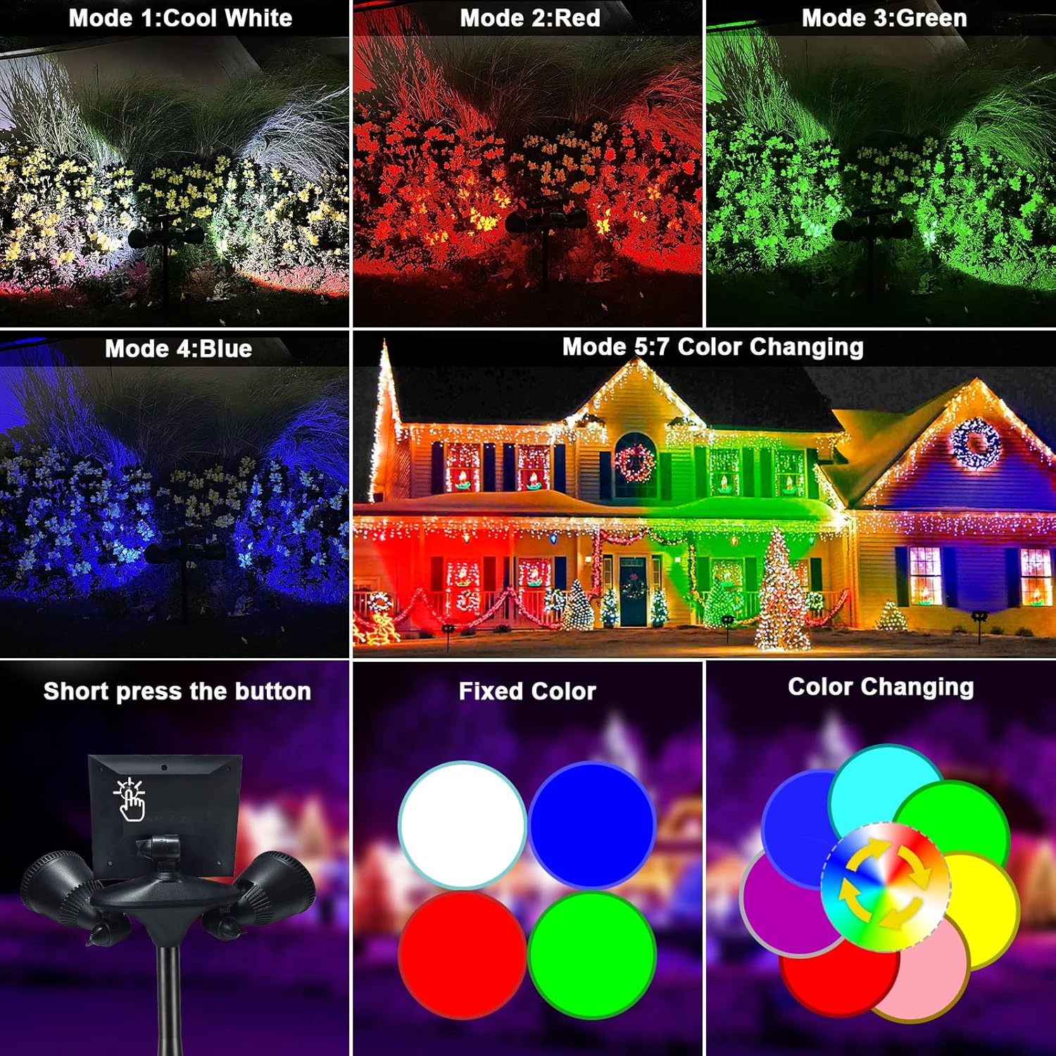 Outdoor Spot Lights for Yard, Color Changing Solar Stake Lights, Always on All Night with 7 Color Options, Dusk Til Dawn Solar Uplights Waterproof for Trees/Pathway/Garden Decor, 1-Pack image number 5