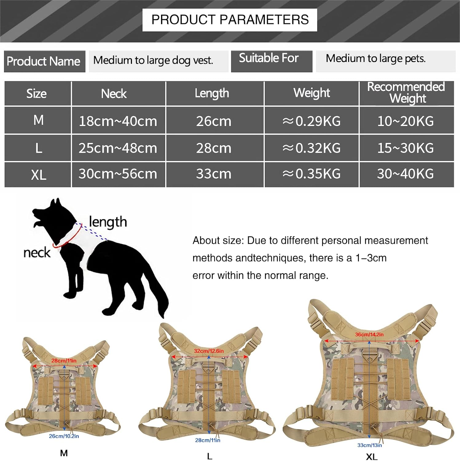 LIMHOO Tactical Dog Vest with Handle Adjustable Service Dog Harness No Pull Military Service Pet Vest for Walking Hiking Training (Cp Camo-L)