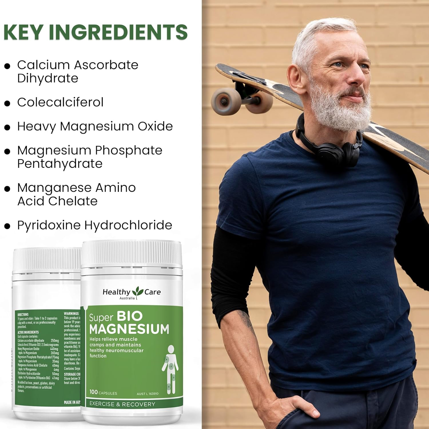 Healthy Care Super Bio Magnesium Capsules - Comprehensive Muscle and Neuromuscular Support - Premium Quality Dietary Supplement - 100 Capsules image number 2