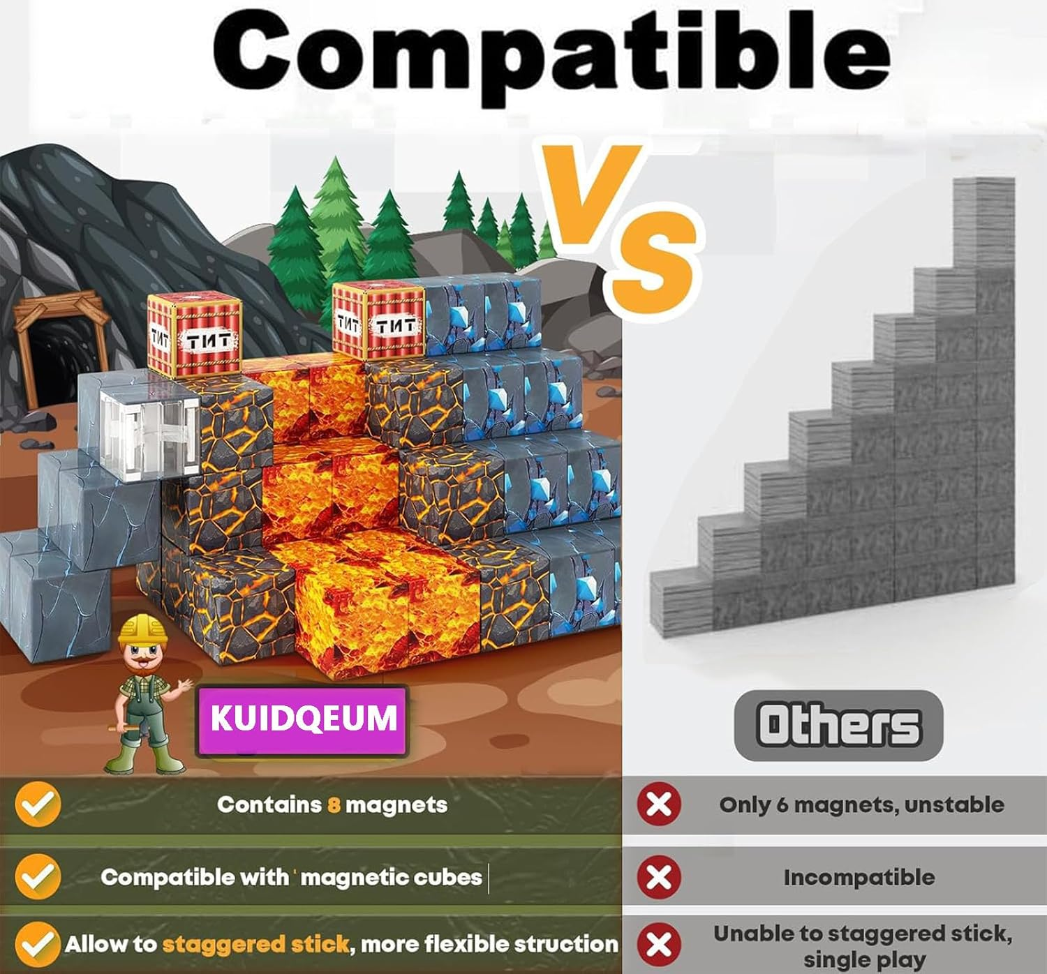 100PCS Magnetic Blocks-Build Mine Magnet World Set for Boys & Girls Age 3-8, STEM Sensory Toys for Toddlers Gifts for 3+ Years Old Girls Boys,Magnet Cubes Creative Kids Games Kids Toys (0.8IN/2CM) image number 5