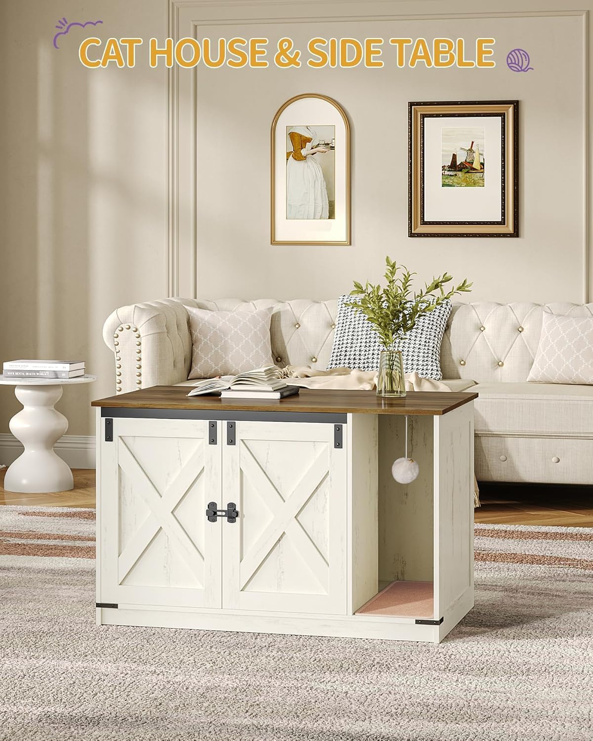 Hzuaneri Cat Litter Box Enclosure, Hidden Litter Box Cabinet Furniture with Bell, Indoor Cats House, Farmhouse Style, 39.4 X 21.7X 24.8 Inches for Hallway, Bedroom, Rustic Brown and White CB85214X image number 4