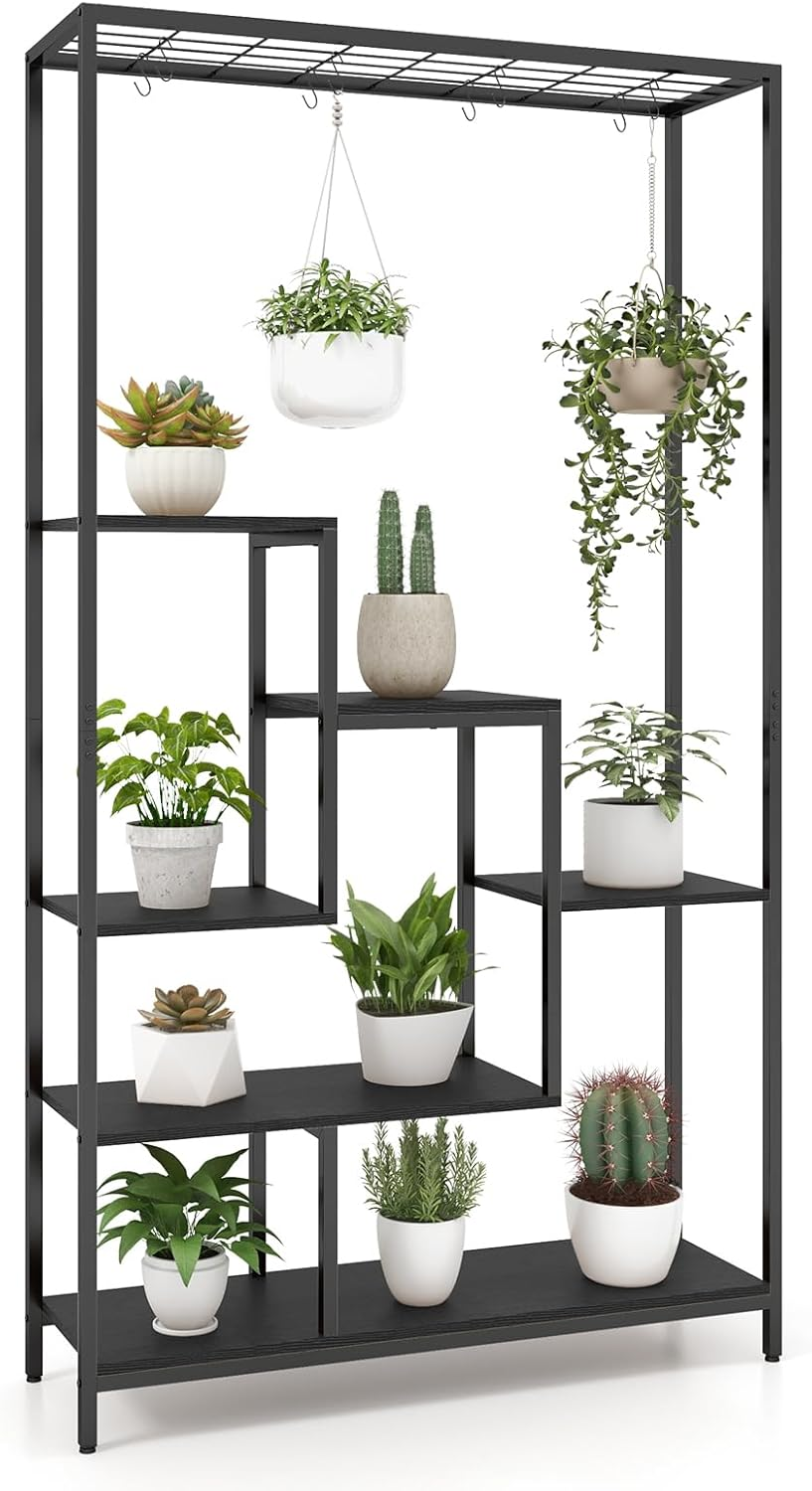 Costway 6-Tier Tall Plant Stand, 180 CM Metal Indoor Plant Shelf W/ 10 Hanging Hooks & Wire Shelf for Multiple Plants, Multipurpose Plant Display Rack for Balcony, Living Room, Black (Black + Rustic Brown)