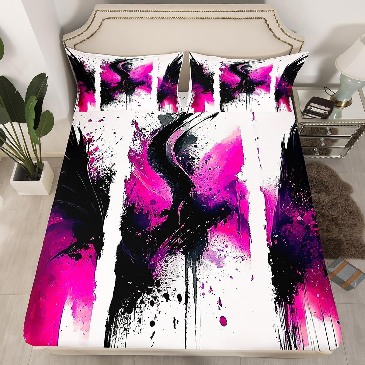 Jejeloiu Black, White and Rose Red Abstract Art Kids Bed Sheets Set,Boys Girls Twin Size,Splash Ink Pattern Fitted Sheet,Abstract Luxury Microfiber Bedding Set,Modern Art Bedding Collection image number 4