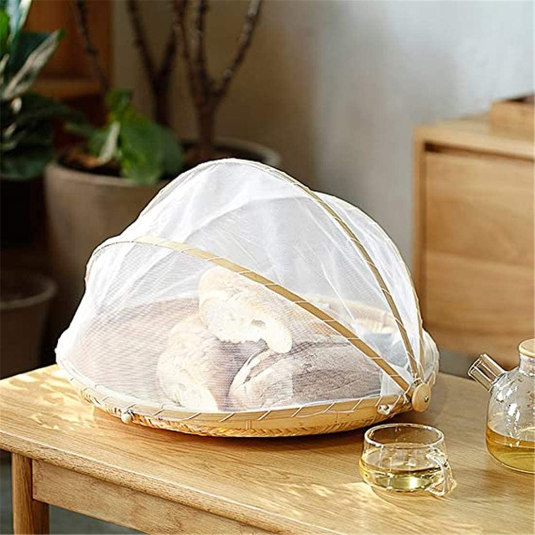 Hand-Woven Bamboo Tent Basket with Mesh Gauze Cover - Insect Proof, Dustproof round Picnic Basket for Vegetables, Fruits, Bread (40 Cm) image number 5