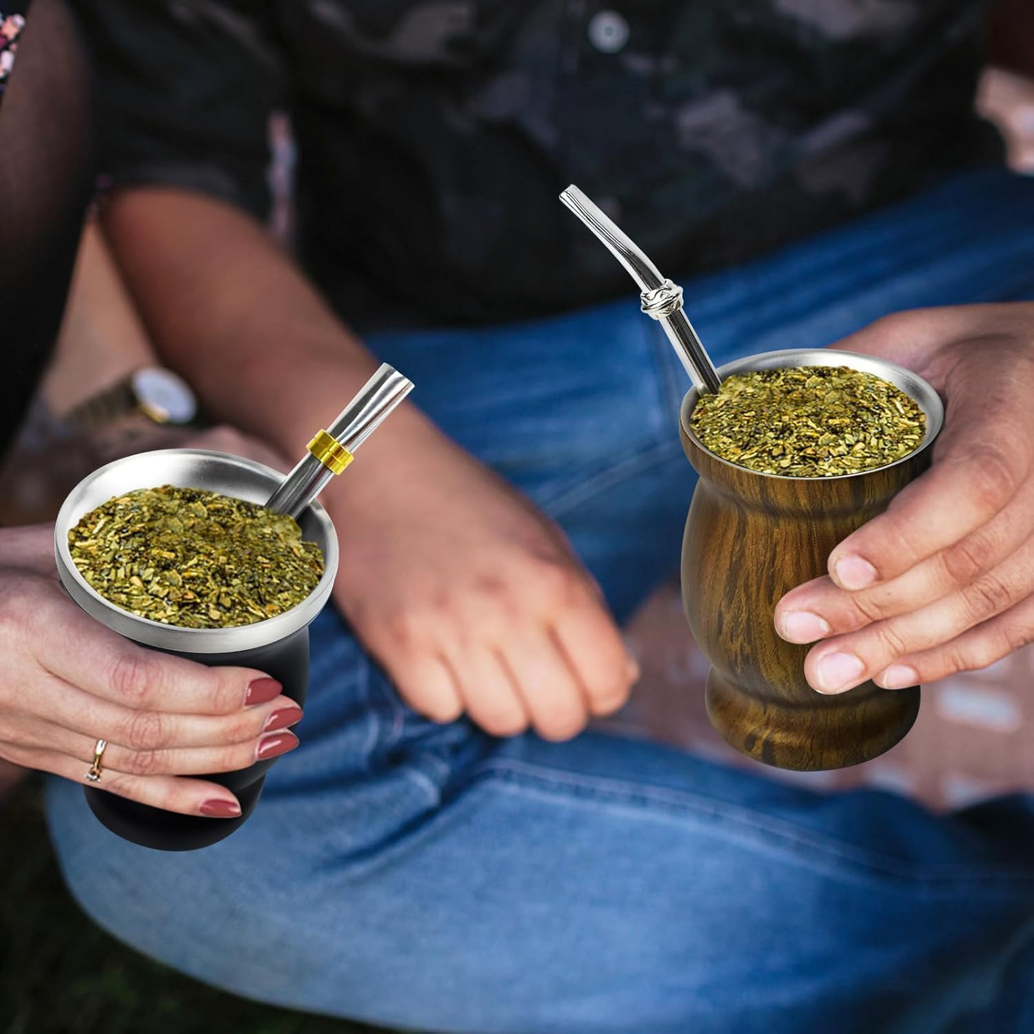 Mate Cup,Yerba Mate Gourd Cup Set, Stainless Steel Double Wall Tea Cup Set Traditional Mate Cup Includes 2 Bombillas Yerba Mate Straws (Black)