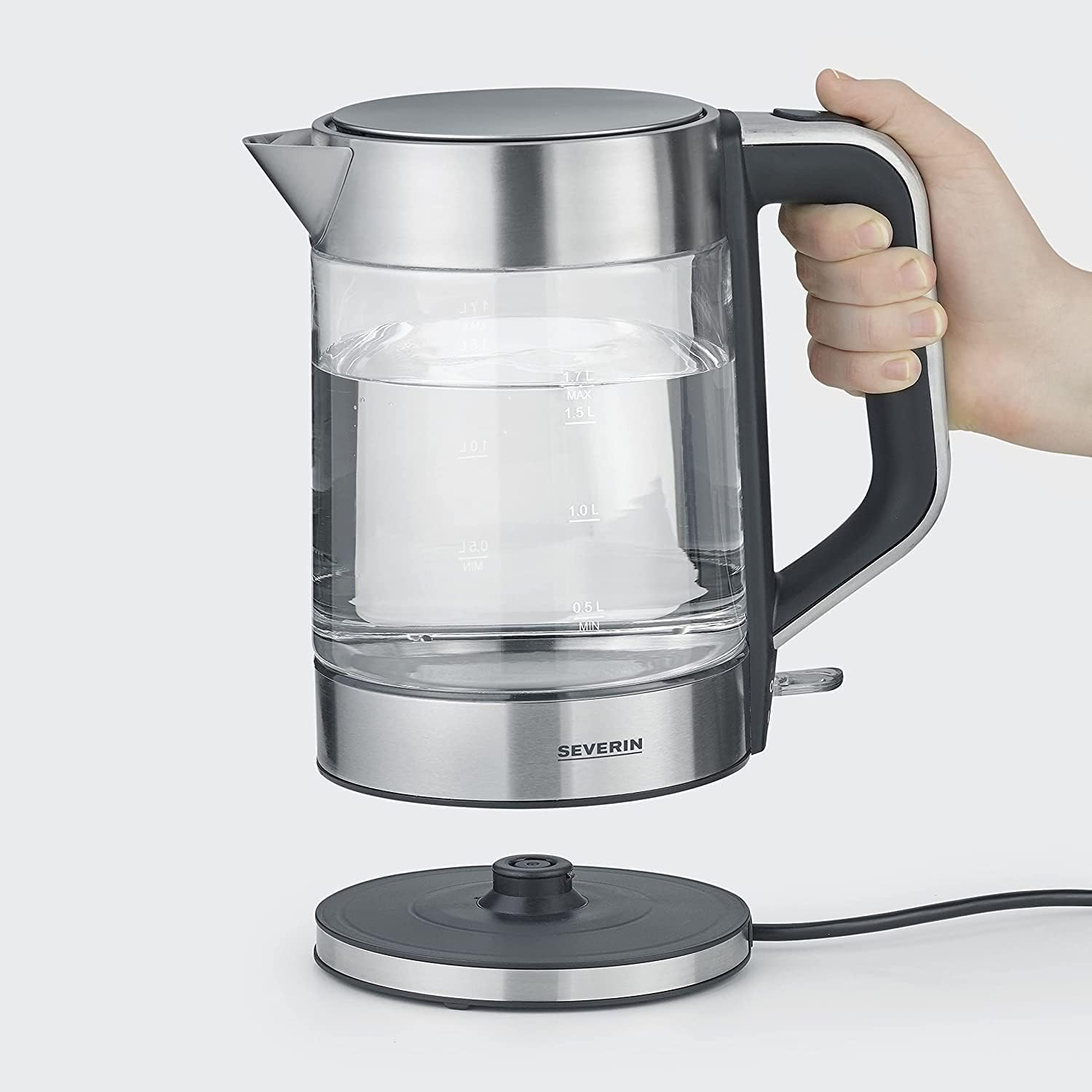 SEVERIN Glass Kettle with 1.7 L XXL Capacity, Powerful and Compact Kettle in High-Quality Design, Electric Kettle with Limescale Filter, 2200 Watt, Glass/Stainless Steel, WK 3420 image number 5