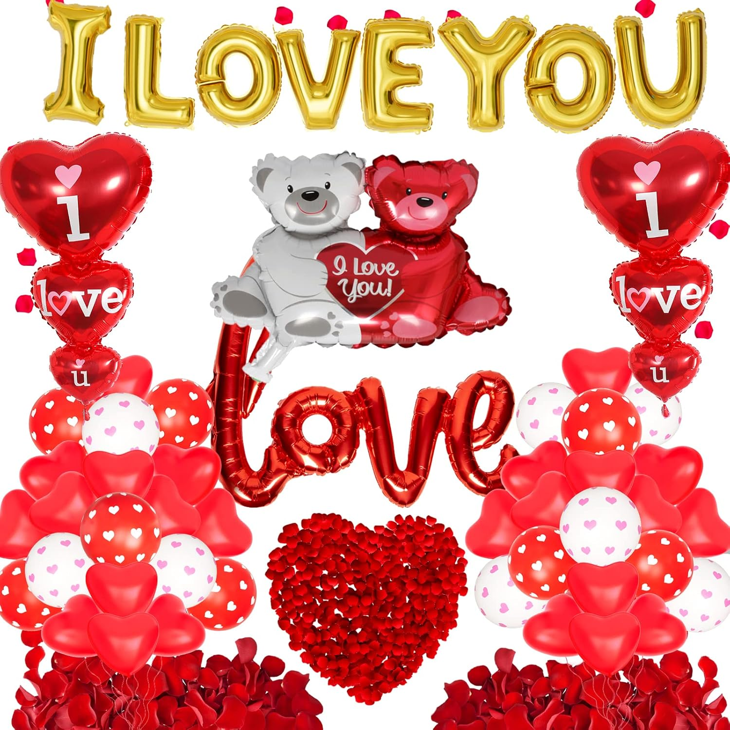 I Love You Balloons Love Red Foil Balloons Happy Valentine'S Day Banner with 1000Pcs Red Silk Rose Petals Flower Decoration Love-Bear Heart Print Latex Balloons for Valentine Day Party Decorations image number 1