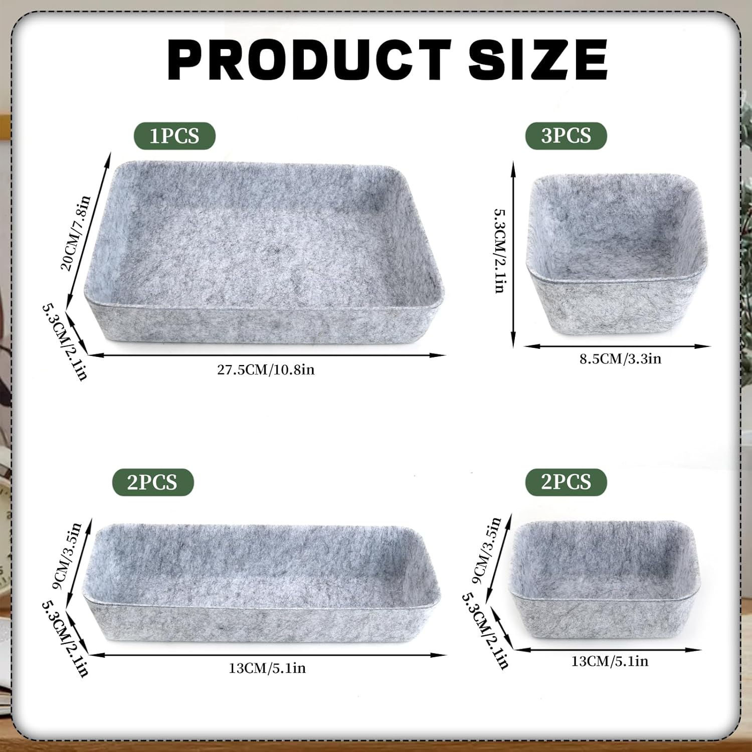 CTYUEYUN Felt Drawer Organiser, Pack of 8, Stackable Felt Organiser Drawer, Dressing Table Organiser for Drawer, Desk Organiser, Drawers for Desk, Bedroom, Bathroom, Kitchen (Light Grey) image number 3