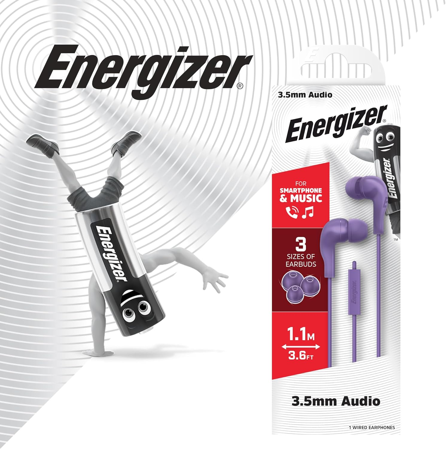 Energizer - Wired In-Ear Headphones, 1 Button Remote Control - Connectors: 3.5 Mm Jack Cable - Colour: Purple image number 2