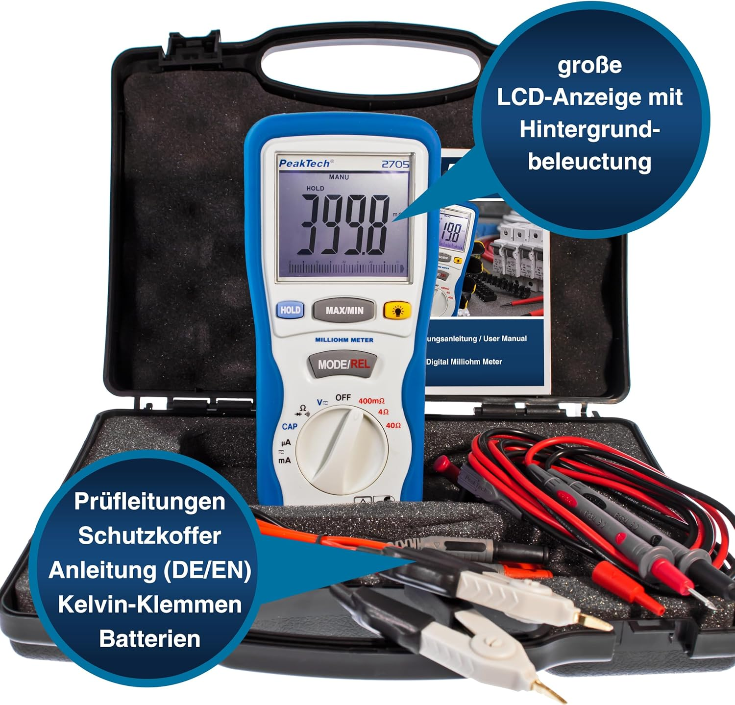Peaktech 2705 Digital Milliohmmeter with 4-Pin Kelvin Test Leads, Resistance Measurements, T&Uuml;V/GS, Milliohm Meter, Current, Tester, Multimeter, Continuity Tester, CAT III 1000 V, P 2705