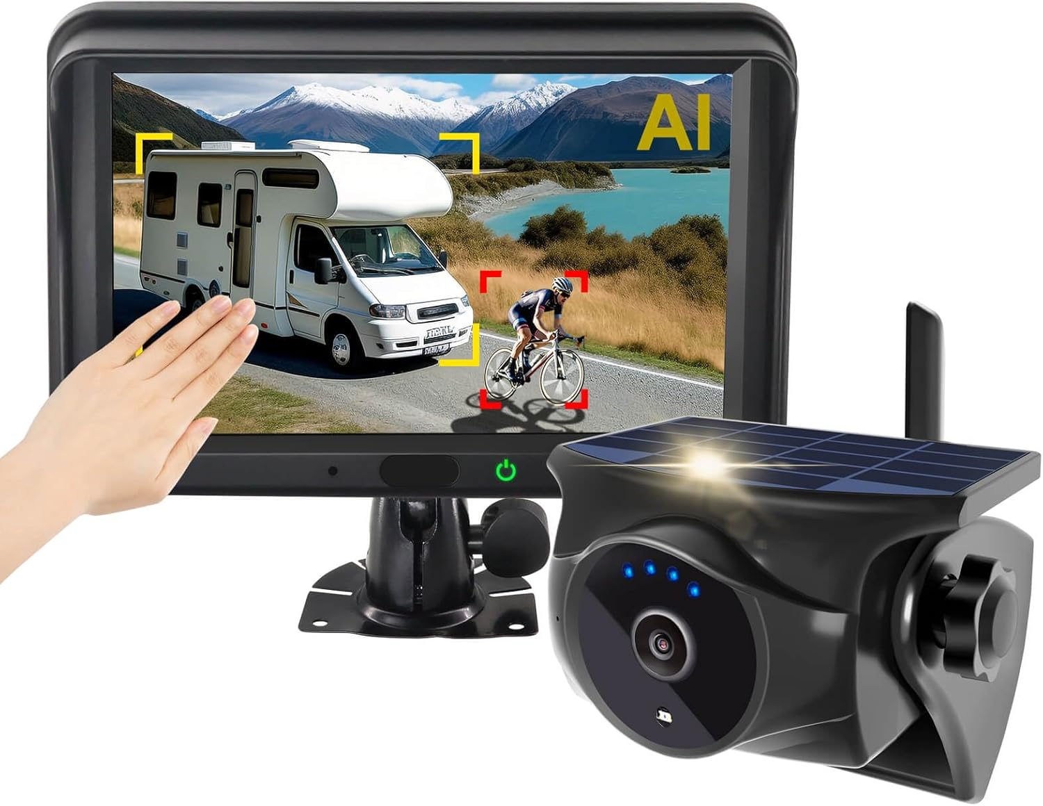 Magnetic Solar Wireless Reverse Camera: AI Pedestrian & Vehicle Detection, 1-Min Install, No Wiring/Drilling,Gesture Control,Rechargeable Battery, Night Vision, 5" 1080P Monitor for RV, Trailer, Truck