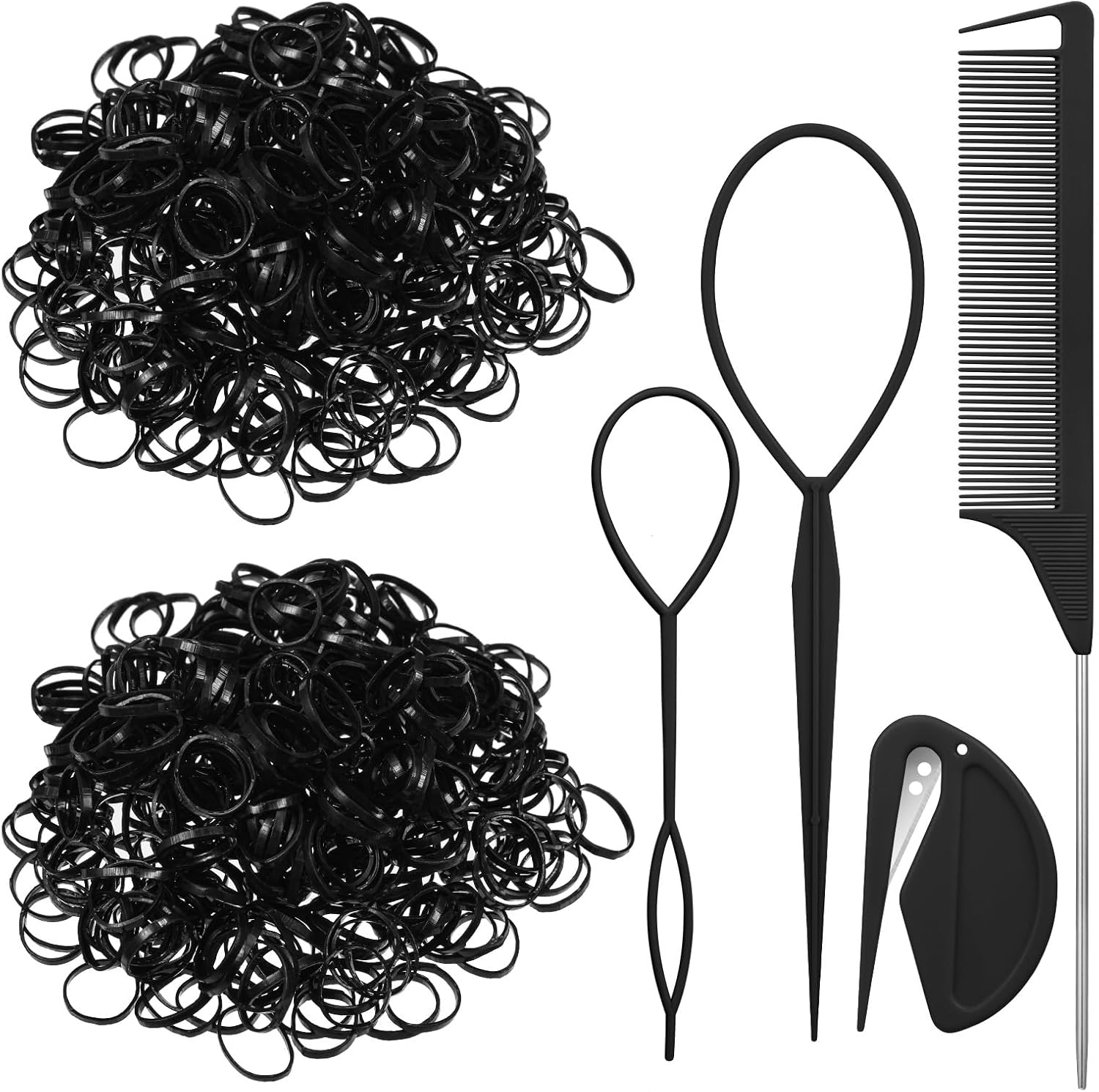 Pack of 2000 Hair Bobbles Small Black Hair Bobbles Mini Elastic Hair Band with Hair Bobbles Cutter Hair Tail Tools, Handle Comb for Girls Lady Doll Hair Styling