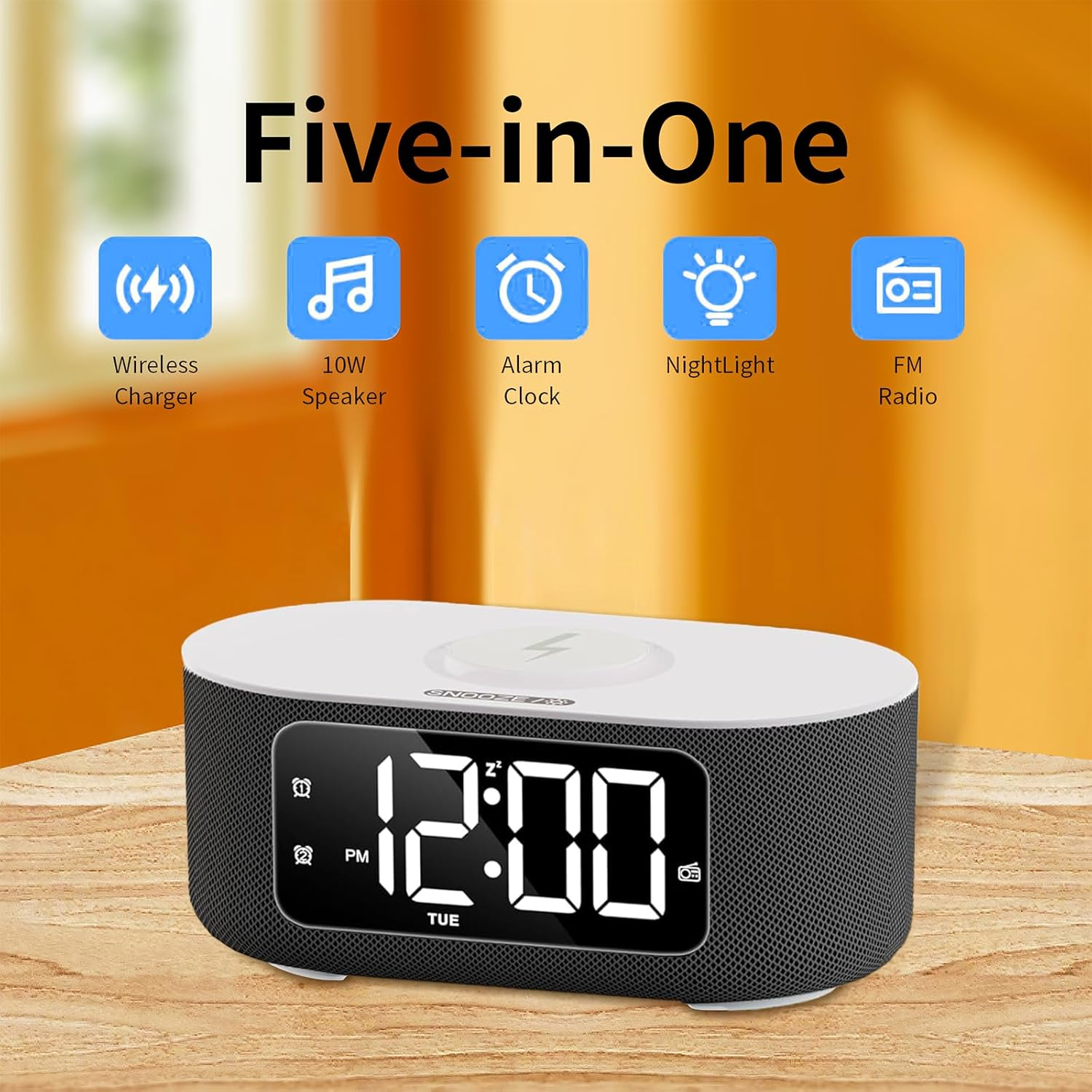 White Noise Machine & Alarm Clock with 25 Sounds, Bluetooth Stereo Speaker, 15W Fast Wireless Charger, Digital Clock with FM Radio, 10 Colors Nightlight, Snooze, Dimmer, Sleep Timer for Baby & Adults