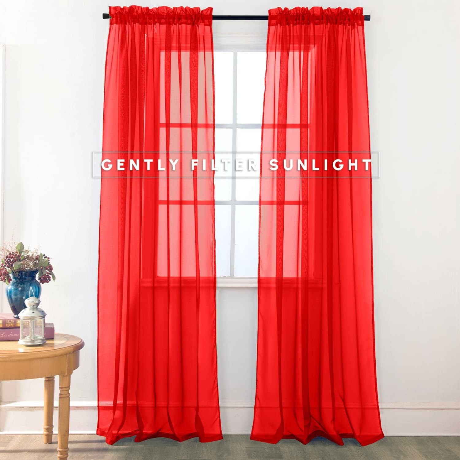 Elegant Comfort 2-Piece Sheer Panel with 2Inch Rod Pocket - Window Curtains 40-Inch Width X 84-Inch Length, Red - Red image number 6