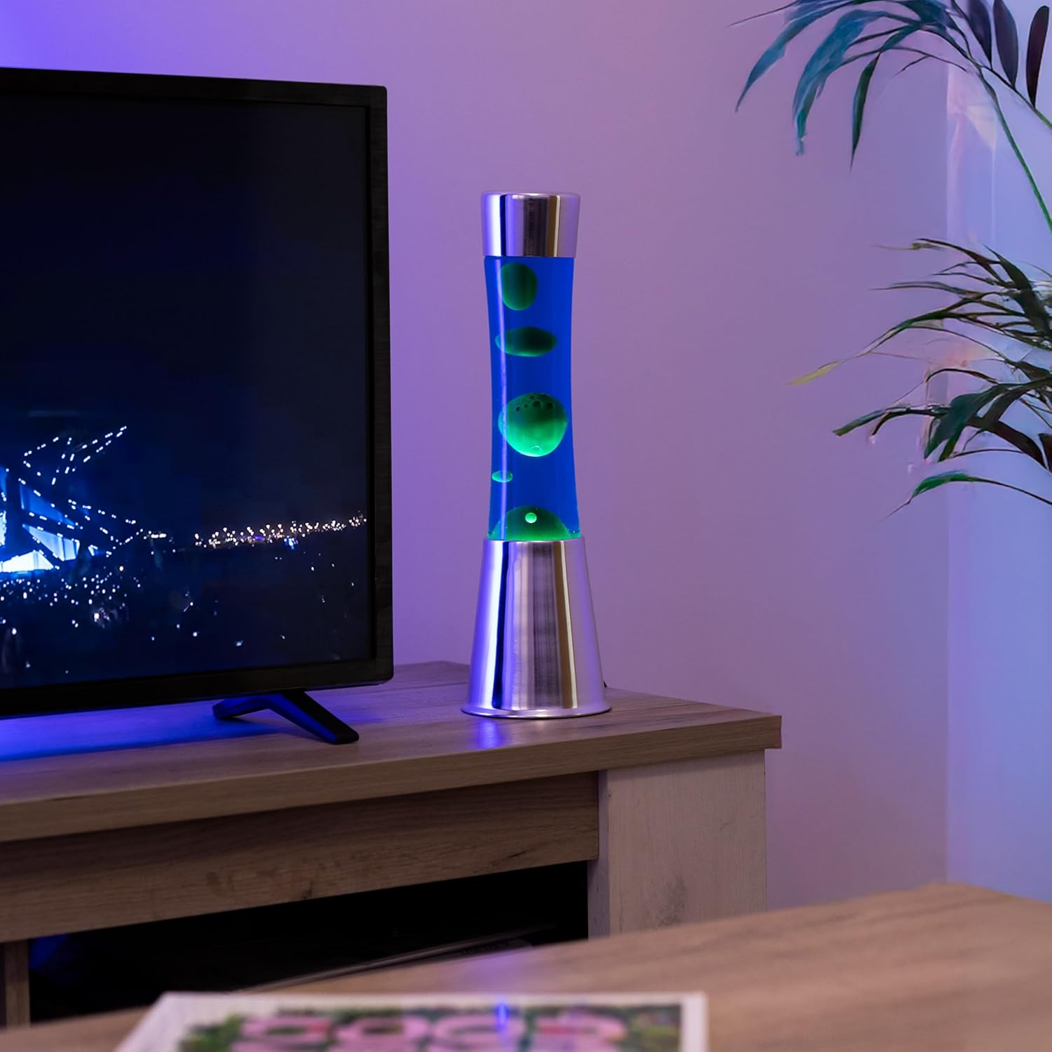Fisura Lava Lamp with Chrome Base, Blue Liquid and Green Lava, Relaxing Effect, with Spare Bulb Included, Dimensions 11 Cm X 11 Cm X 39.5 Cm image number 1
