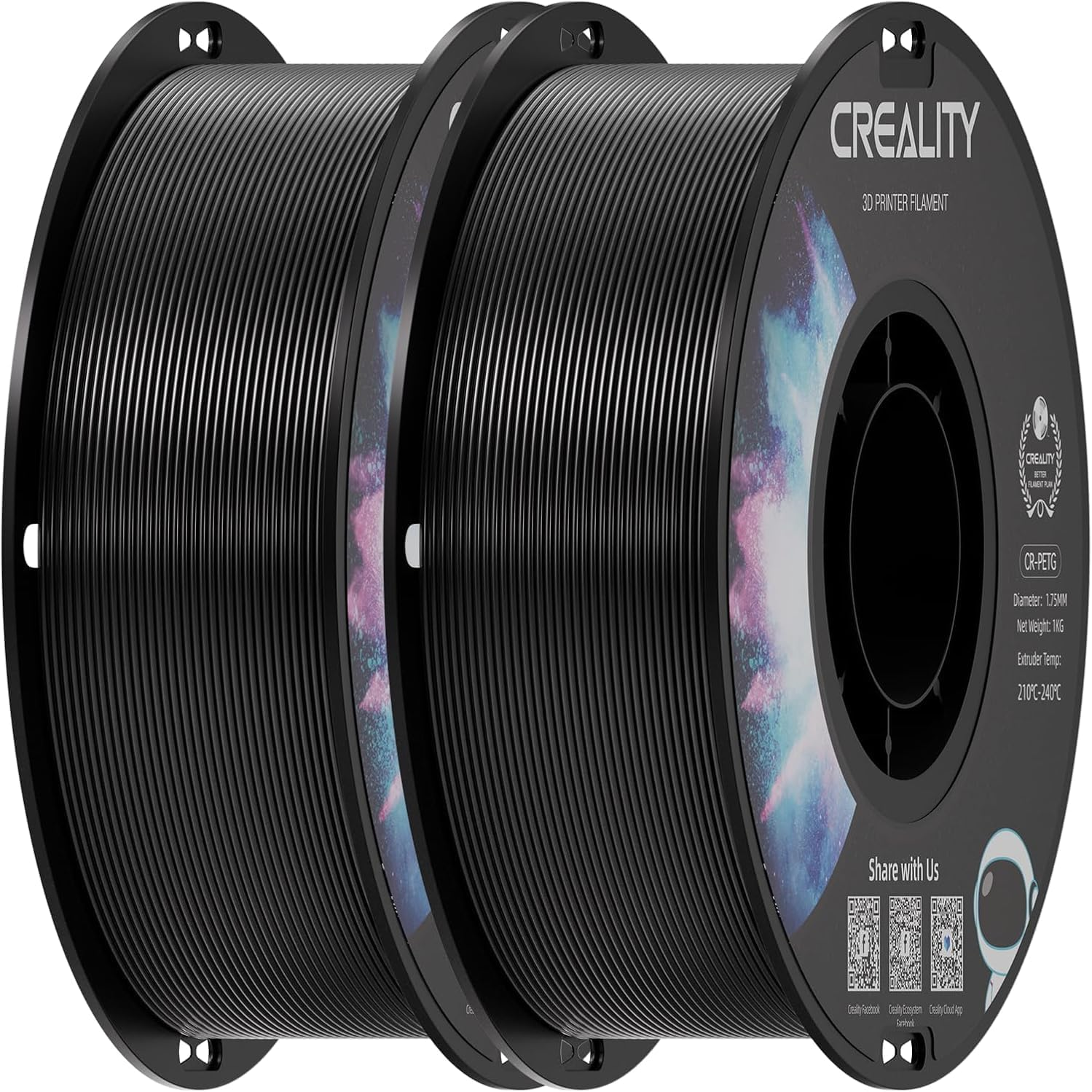 Creality 2 Kg Black & White PETG 1.75Mm Filament, 3D Printer Filament Bundle, Excellent Toughness High Precision, Odorless Non-Toxic Moistureproof, Glossy, Accuracy +/- 0.02Mm