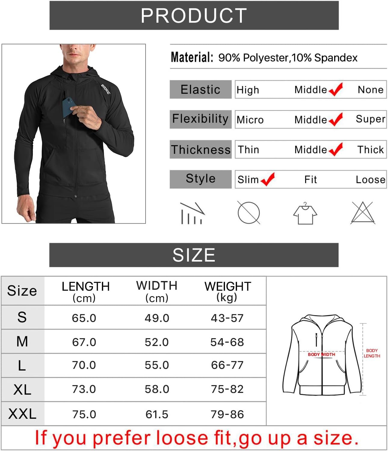 BROKIG Men'S Gym Running Jackets,Lightweight Zip up Hoodie Casual Quick Dry Sports Workout Sweatshirts with Pockets image number 2