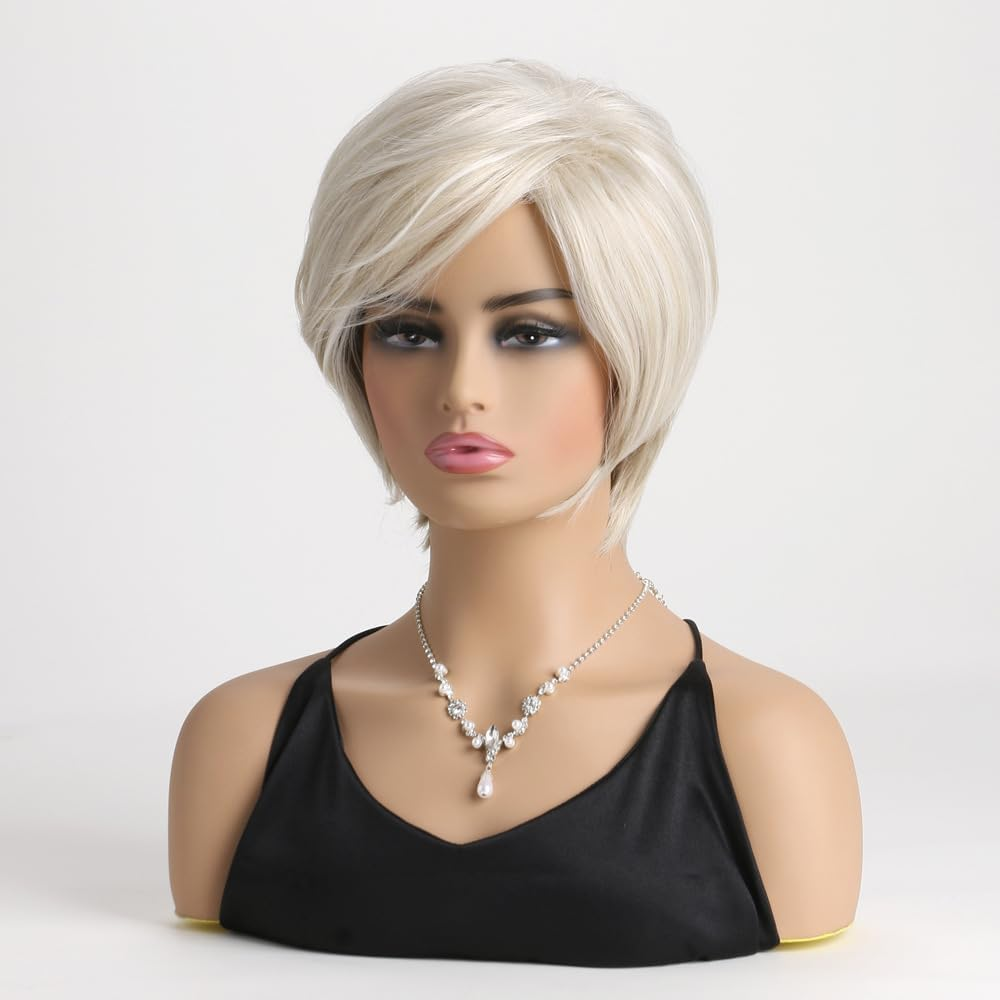 AUBWIG Light Blonde Short Wigs Classic Short Bob Natural Short Straight Wig with Fringe Multilayer Heat Resistant Synthetic Wigs (Light Blonde) image number 6